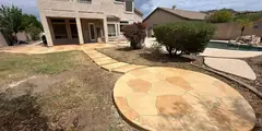 Pool deck remodeling with stamped concrete overlay brick pattern finish